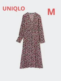 ユニクロ　プリントVネックフレアワンピース(長袖)(丈標準) ピンク　M