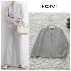 インディヴィ　23AW ミニチェック柄　ノーカラージャケット 13号　XL