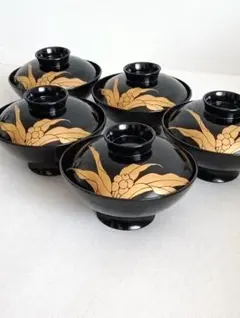 天然木【未使用】御吸物椀 5客 蓋付き 汁椀 年輪 正月 和食器 お椀 漆器