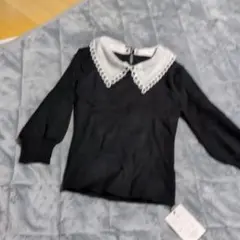 黒ニット長袖トップス ホワイトレース襟
