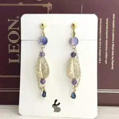 【ハンドメイド】イヤリング　ダークブルー×アメジスト×アンティーク調　ゴールド