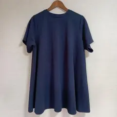 【coca】エンボス Aライン 半袖 チュニック ネイビー Lサイズ