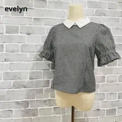 evelynエブリン半袖ギンガムチェック襟ブラウストップス黒白F c783のサムネイル