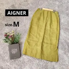 美品【AIGNERアイグナー】麻素材タイトスカート*光沢*ライトグリーン【Ｍ】