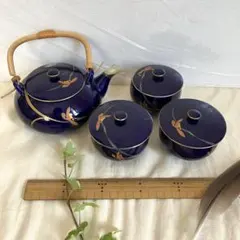 未使用　ルリ蘭 金彩茶器揃 急須 蓋付き湯呑3個セット 竹製持ち手湯飲み