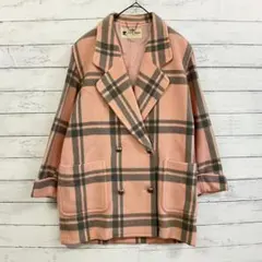 美品 クレージュ ウール コート チェック ピンク グレー 38 ダブル レトロ