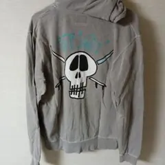 Stussy スカルデザイン ジップアップパーカー グレー