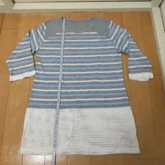 グレーと青のストライプ 五分袖Tシャツ Mサイズ