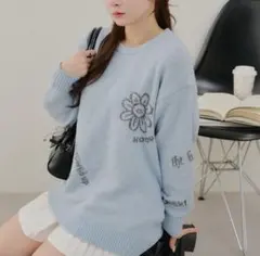 花柄 メッセージ入り グレー ニットセーター