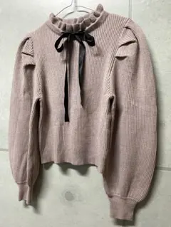 611. GRL ネックフリル パフスリーブ リボン ニット　M