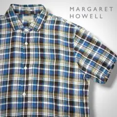MARGARET HOWELL チェック柄　半袖シャツ　リネン100% Lサイズのサムネイル