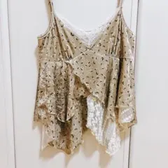 レース ベロア素材　花柄キャミソール　ベージュ