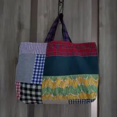 ハンドメイド パッチワーク トートバッグ 送料込 綿麻 チェック 持ち手 カバン