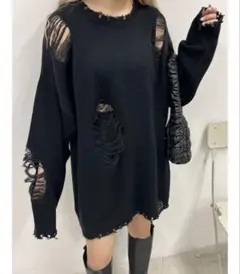 ダメージ加工 ブラック オーバーサイズニット