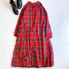 美品 blue willow リネン タータンチェック ギャザー ワイドシャツ