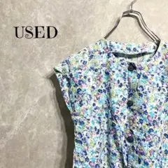 a0202【USED】花柄 ノースリーブワンピース F ブルー系 レディース