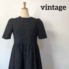 【vintage】黒 花柄レース 半袖 Aラインワンピース ドレス　フォーマルに