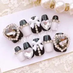 ネイルチップ 白 黒 フレンチガーリー ワンホン 量産型 韓国 y2k りぼん