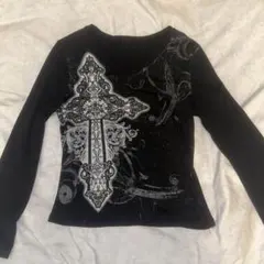 長袖クロス柄Tシャツ Vネック