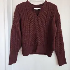 ブラウン Vネック ケーブル編み セーター