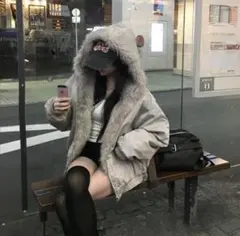 ファーキルティング厚手ダウンジャンパー グレー