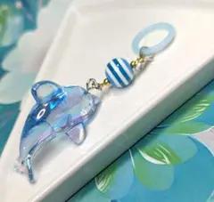 イルカblue ハンドメイド ヘアゴム ブローチ ポニフ キーホルダ