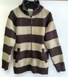 茶色とベージュのストライプニットカーディガン