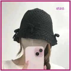 【新品】リボン付き　バケットハット　ブラック　フリーサイズ　a