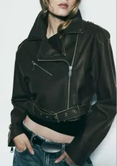 ZARA ダークブラウン クロップドライダースジャケット