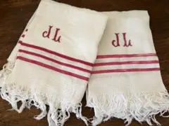 フランス　蚤の市　イニシャル刺繍　キッチンクロス　2枚セット　コットン