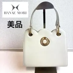 美品　HANAE MORI ハンドバッグ サークルロゴ フォーマル レザー 白