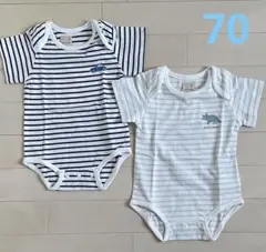 【新品】70cm プティマイン 半袖ロンパース♡2枚セット　ボーダー　車　恐竜