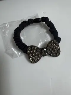 ストーン付き黒リボンヘアゴム