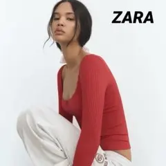 【美品】ZARA ザラ リブニット カットソー レッド 赤 リボン 美デコルテのサムネイル
