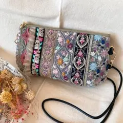 インド刺繍リボン⭐︎ポーチ/黒/フェイクレザー/スマホポシェット☆11