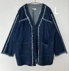 M-L】フリルノーカラーデニムジャケット レース ストレッチ Gジャン 