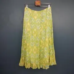 USA古着　グリーンイエロー プリーツロングスカート　ゆったりサイズ