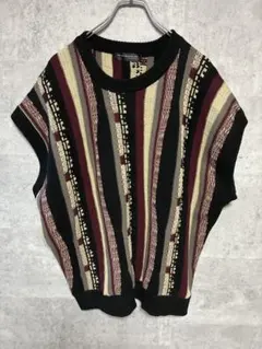 美品　ヴィンテージライク レトロジャガードストライプ柄 3Dニットベスト