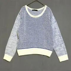 アズノウアズ　クルーネック チェックニット　白 青　F