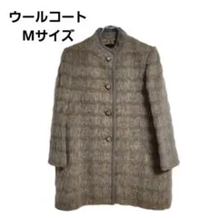 ウールコート ノーカラー M 防寒 ストライプ調 ミドル丈 ブラウン 厚手 上品