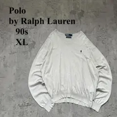 90s ポロバイラルフローレン（XL）コットンセーター＊ネイビーポニー＊Vネック