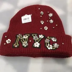 NYC刺繍 ビジュー付きニット帽 バーガンディ
