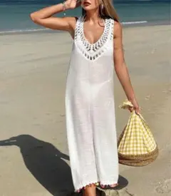 ホワイト ノースリーブ ロングワンピース