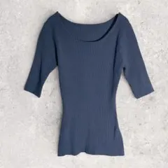 グレイル　ニット　Ｍ　青　リブ編み　五分袖　セーター　綿　春夏　重ね着　フィット