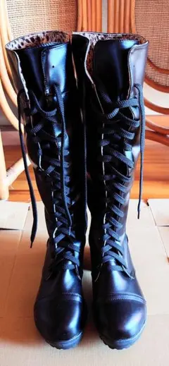 ロングブーツ 黒 厚底 ヒョウ柄 コスプレ