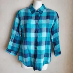 UNIQLO　チェック柄 七分袖シャツ ブルー系　麻１００％　サイズS