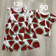 スイカ柄 ノースリーブワンピース＆Tシャツセット　120cm 90cmのサムネイル