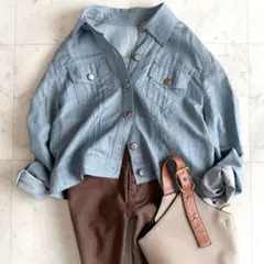 美品 Leilian レリアン L コットンリネン デニム風ジャケット◆ブルー