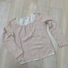 美品【DO!FAMILY】コントッン長袖カットソーレース付ベージュ系ストライプM