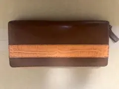 【美品】クロコ型押し ラウンドファスナー長財布 ブラウン×オレンジ 大容量